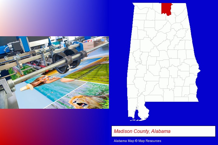 a press run on an offset printer; Madison County, Alabama highlighted in red on a map