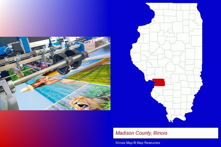 a press run on an offset printer; Madison County, Illinois highlighted in red on a map