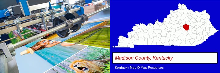 a press run on an offset printer; Madison County, Kentucky highlighted in red on a map