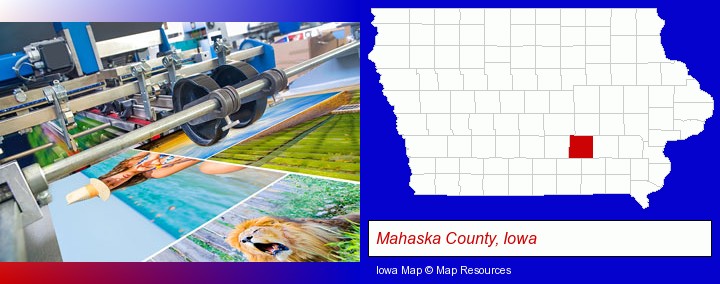 a press run on an offset printer; Mahaska County, Iowa highlighted in red on a map