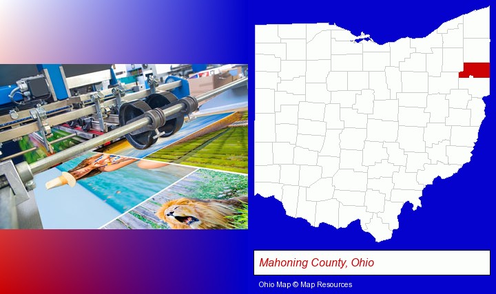a press run on an offset printer; Mahoning County, Ohio highlighted in red on a map