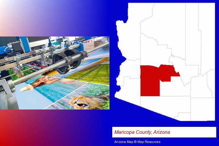 a press run on an offset printer; Maricopa County, Arizona highlighted in red on a map