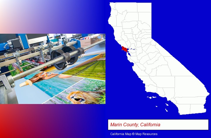 a press run on an offset printer; Marin County, California highlighted in red on a map