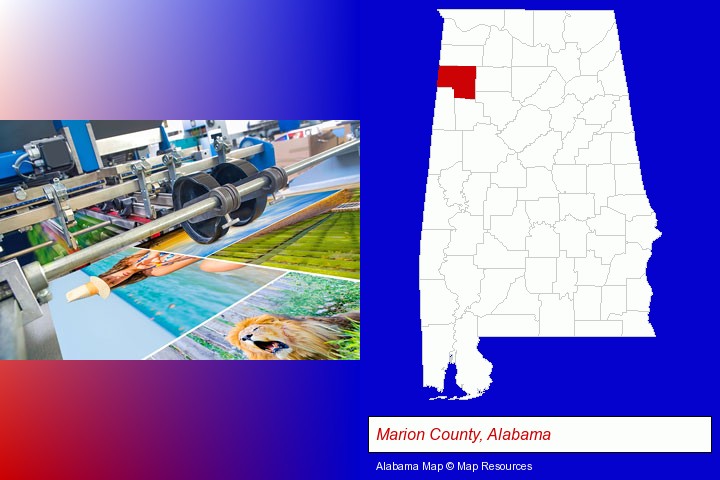 a press run on an offset printer; Marion County, Alabama highlighted in red on a map