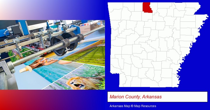 a press run on an offset printer; Marion County, Arkansas highlighted in red on a map