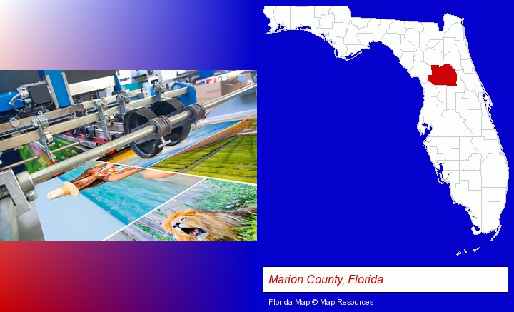 a press run on an offset printer; Marion County, Florida highlighted in red on a map