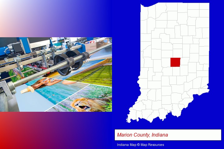 a press run on an offset printer; Marion County, Indiana highlighted in red on a map