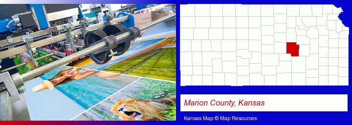 a press run on an offset printer; Marion County, Kansas highlighted in red on a map