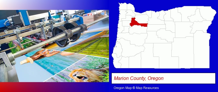 a press run on an offset printer; Marion County, Oregon highlighted in red on a map