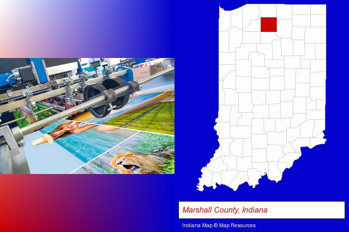 a press run on an offset printer; Marshall County, Indiana highlighted in red on a map