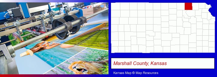 a press run on an offset printer; Marshall County, Kansas highlighted in red on a map