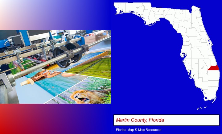 a press run on an offset printer; Martin County, Florida highlighted in red on a map