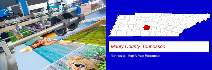 a press run on an offset printer; Maury County, Tennessee highlighted in red on a map
