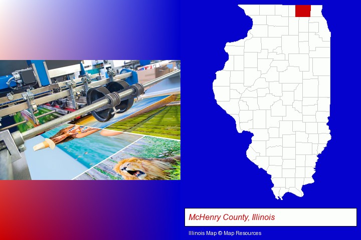 a press run on an offset printer; McHenry County, Illinois highlighted in red on a map