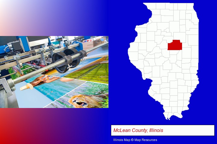 a press run on an offset printer; McLean County, Illinois highlighted in red on a map