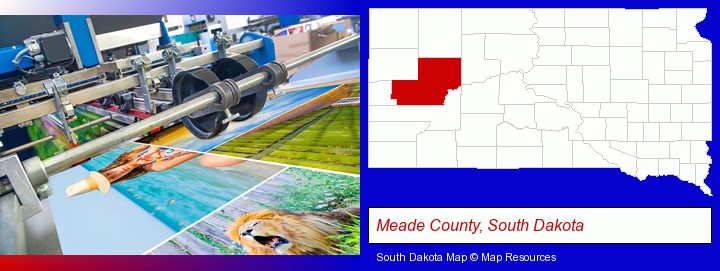 a press run on an offset printer; Meade County, South Dakota highlighted in red on a map