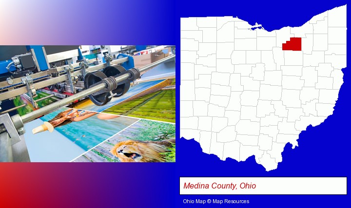 a press run on an offset printer; Medina County, Ohio highlighted in red on a map