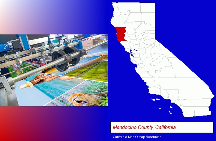a press run on an offset printer; Mendocino County, California highlighted in red on a map