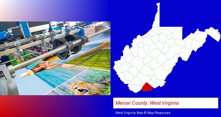 a press run on an offset printer; Mercer County, West Virginia highlighted in red on a map