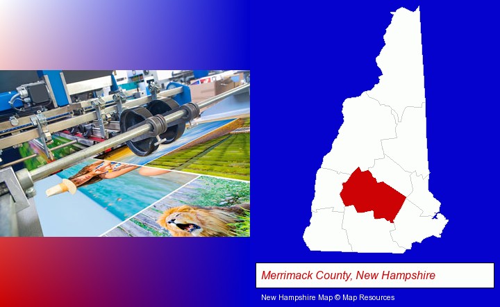 a press run on an offset printer; Merrimack County, New Hampshire highlighted in red on a map