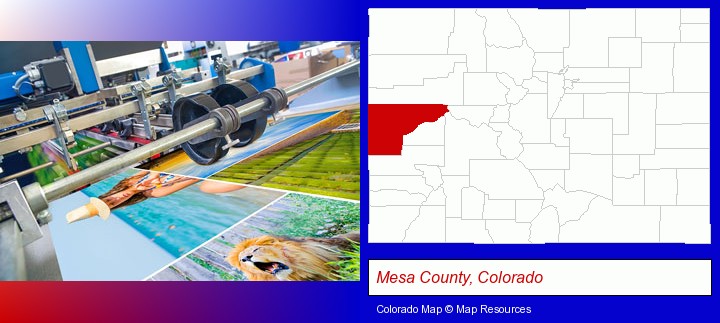 a press run on an offset printer; Mesa County, Colorado highlighted in red on a map