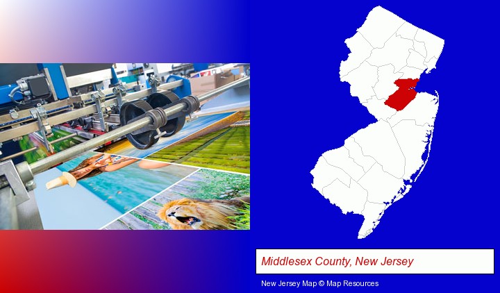 a press run on an offset printer; Middlesex County, New Jersey highlighted in red on a map