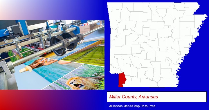a press run on an offset printer; Miller County, Arkansas highlighted in red on a map