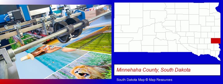 a press run on an offset printer; Minnehaha County, South Dakota highlighted in red on a map