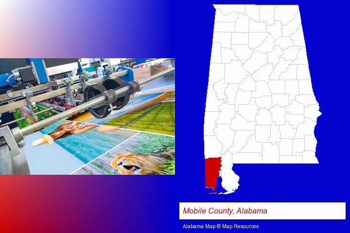 a press run on an offset printer; Mobile County, Alabama highlighted in red on a map
