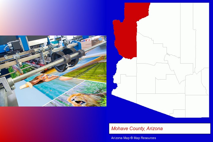 a press run on an offset printer; Mohave County, Arizona highlighted in red on a map
