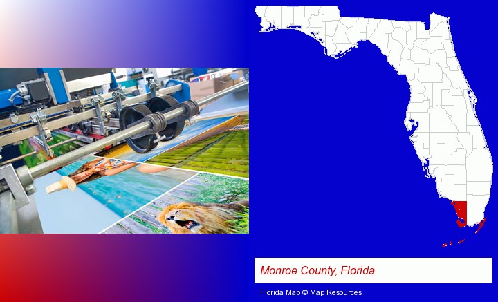 a press run on an offset printer; Monroe County, Florida highlighted in red on a map