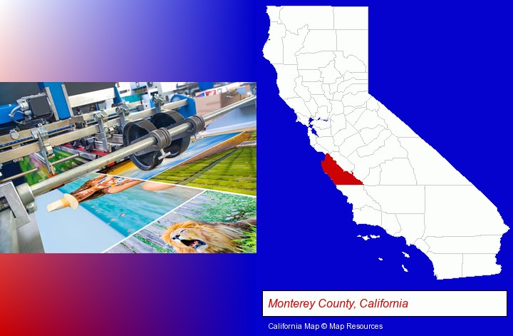 a press run on an offset printer; Monterey County, California highlighted in red on a map