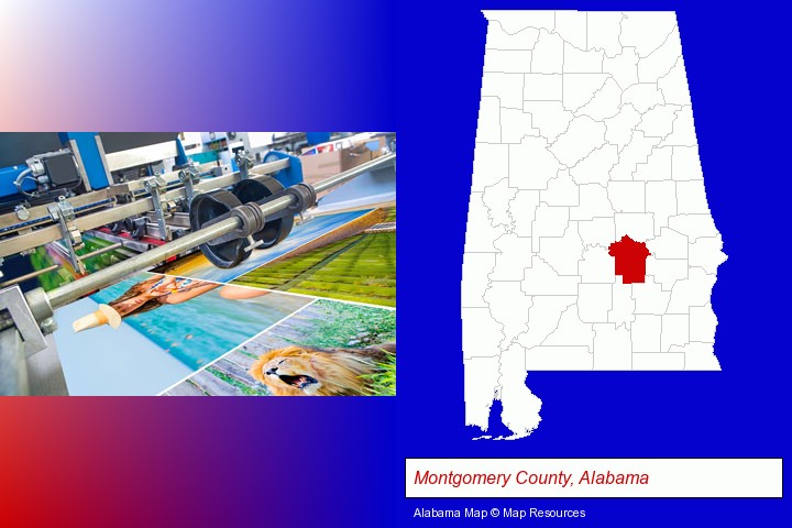 a press run on an offset printer; Montgomery County, Alabama highlighted in red on a map