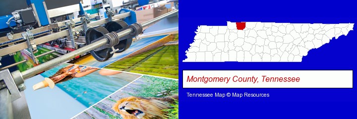 a press run on an offset printer; Montgomery County, Tennessee highlighted in red on a map