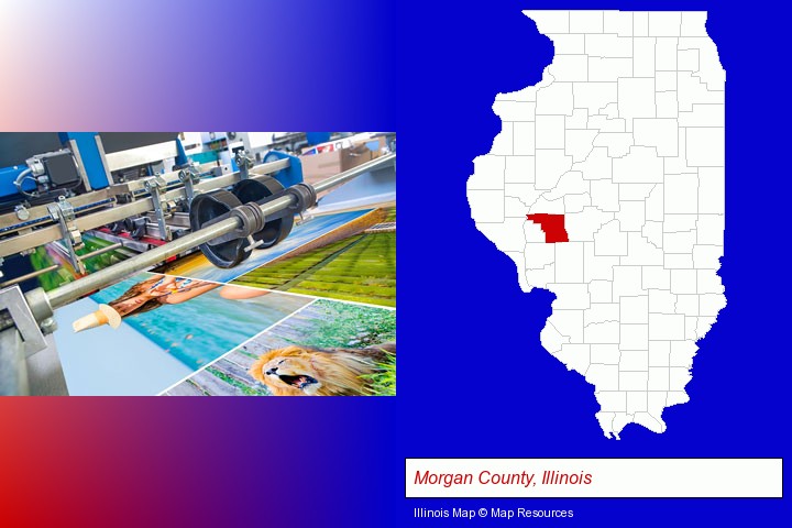 a press run on an offset printer; Morgan County, Illinois highlighted in red on a map