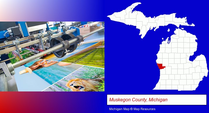 a press run on an offset printer; Muskegon County, Michigan highlighted in red on a map