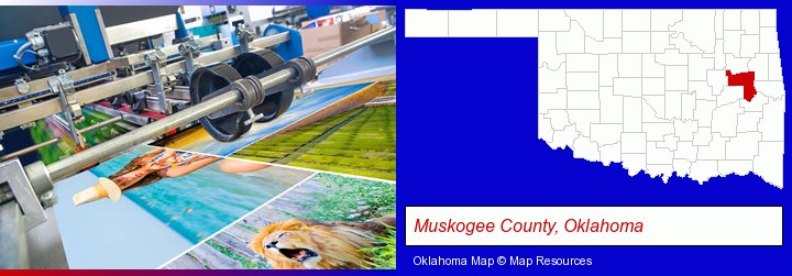 a press run on an offset printer; Muskogee County, Oklahoma highlighted in red on a map