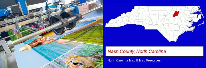 a press run on an offset printer; Nash County, North Carolina highlighted in red on a map