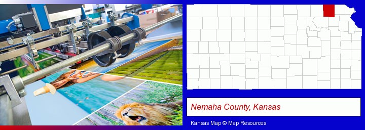 a press run on an offset printer; Nemaha County, Kansas highlighted in red on a map