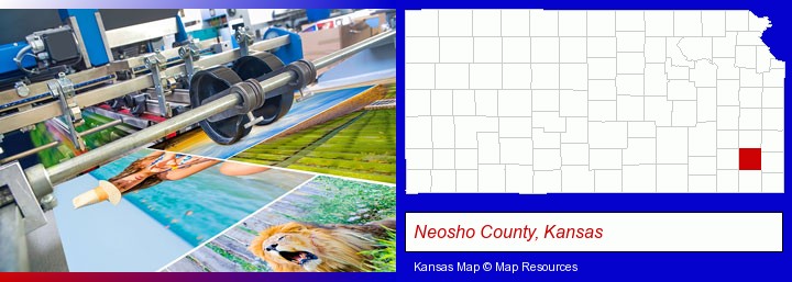 a press run on an offset printer; Neosho County, Kansas highlighted in red on a map