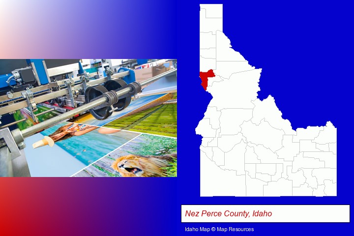 a press run on an offset printer; Nez Perce County, Idaho highlighted in red on a map