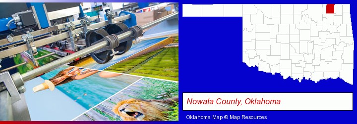 a press run on an offset printer; Nowata County, Oklahoma highlighted in red on a map