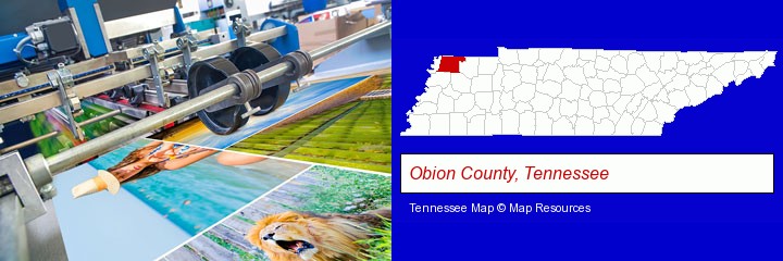 a press run on an offset printer; Obion County, Tennessee highlighted in red on a map