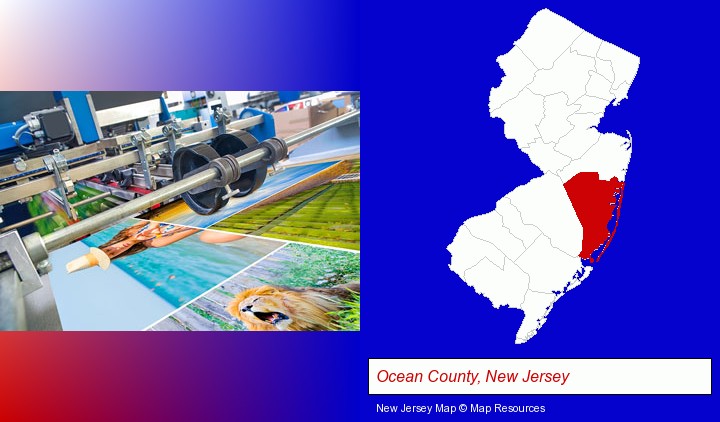 a press run on an offset printer; Ocean County, New Jersey highlighted in red on a map