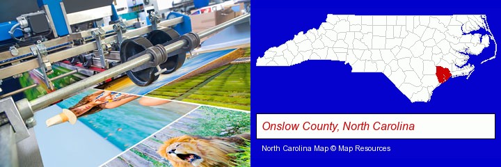 a press run on an offset printer; Onslow County, North Carolina highlighted in red on a map