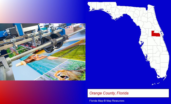 a press run on an offset printer; Orange County, Florida highlighted in red on a map
