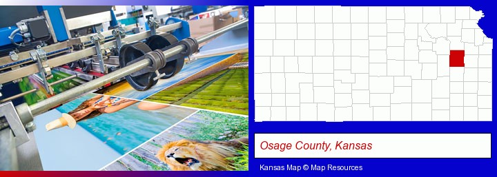 a press run on an offset printer; Osage County, Kansas highlighted in red on a map