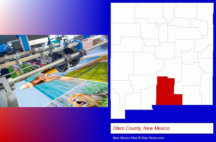 a press run on an offset printer; Otero County, New Mexico highlighted in red on a map