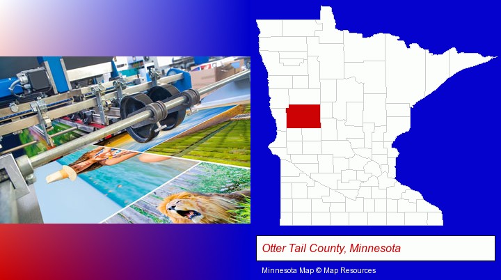 a press run on an offset printer; Otter Tail County, Minnesota highlighted in red on a map
