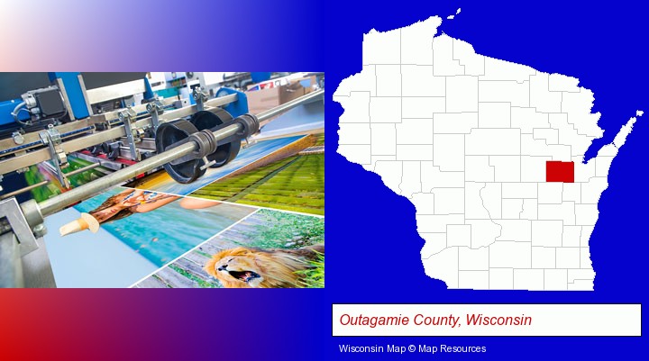 a press run on an offset printer; Outagamie County, Wisconsin highlighted in red on a map